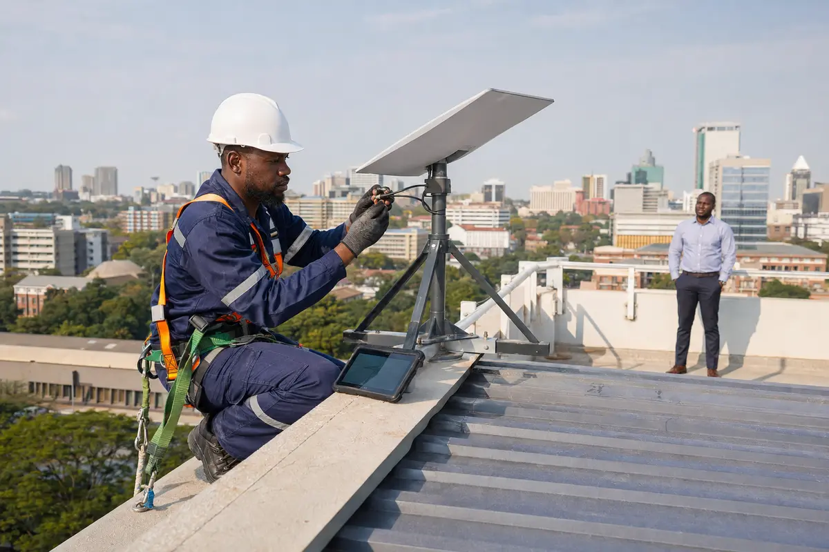 A trained technician completing a safe satellite internet installation