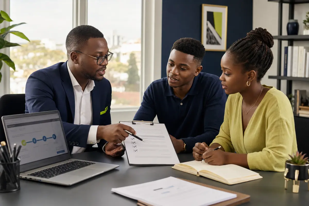 A business registration advisor guiding two entrepreneurs