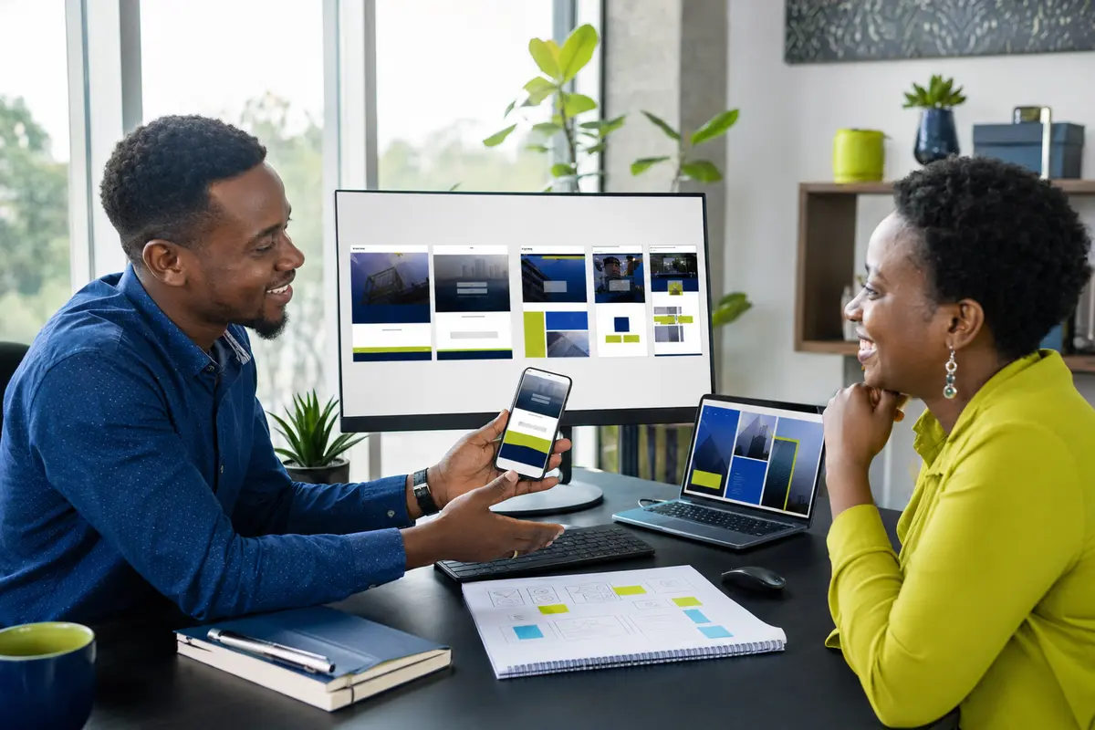 A Nexasphere website designer presenting a responsive website to a client